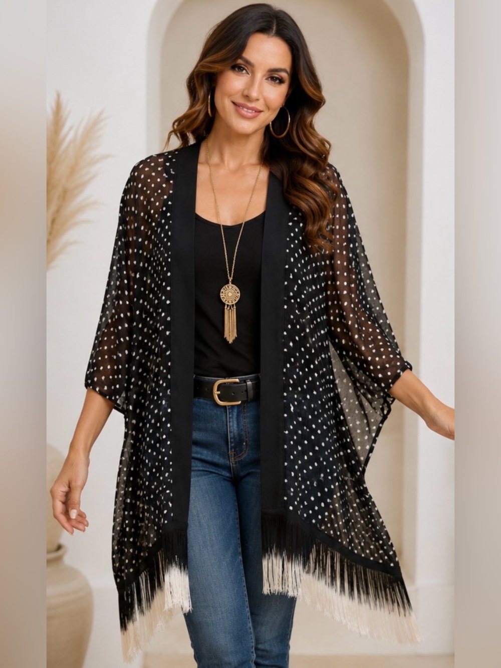 Express Navy Sheer Fringe Kimono Open Front Boho Cover Up